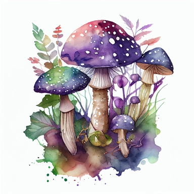 Watercolour Magic Mystical not poisonous Mushrooms clipart purple. One larger mushroom and 2-3 smaller ones growing as a group from the ground. no other mushrooms. a little bit of green plants and leaves around without inclusions or dots or circles and also growing from the ground. No things hanging in the air. white background