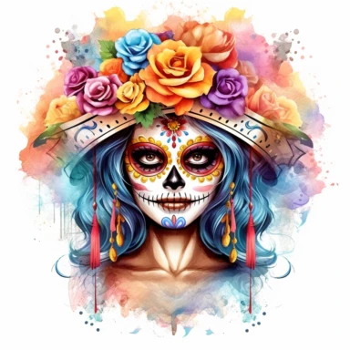 Day of the dead la catrina in the style of water color painting, vibrant colors, on a white background style by Lucy Fleming, watercolor, smooth gradients, black contour outline, ultra detailed, clipart elements, delicate pastel colors, solid white background, super clear, high quality