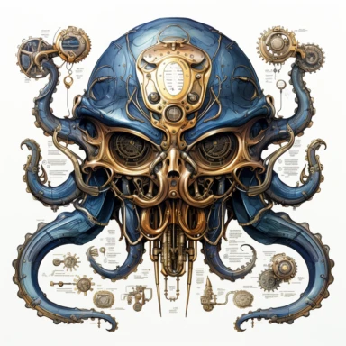 Steampunk octopus prototype, full body, watercolor, gears, pinions, calipers, clocks, rivets, top hat, clipart, duo tone, realistic, ultra resolution, vivid detail, 8k, minimal watercolors, white background