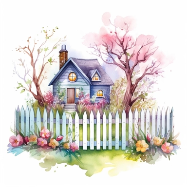 clipart, isolated on white background, beautiful cute Watercolor Spring Cottage - cute little house with fence and chimney, tree and flowers, ornated, pastel colors
