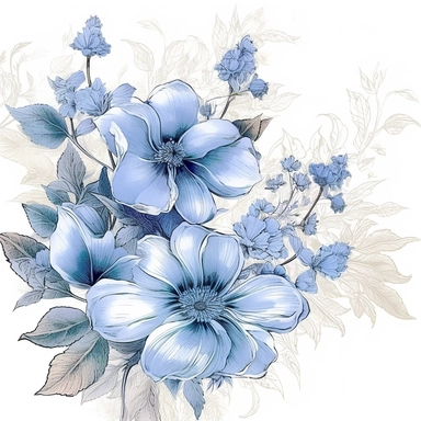 An illustration of blue flower clipart, reminiscent of the delicate and intricate botanical drawings by Beatrix Potter. Exquisite blue blossoms, meticulously rendered with fine details and graceful lines. The flowers exude a sense of elegance and serenity, capturing the beauty of nature. Cool color temperature enhances the calming atmosphere. Soft, diffused lighting adds a touch of softness, highlighting the delicate petals.