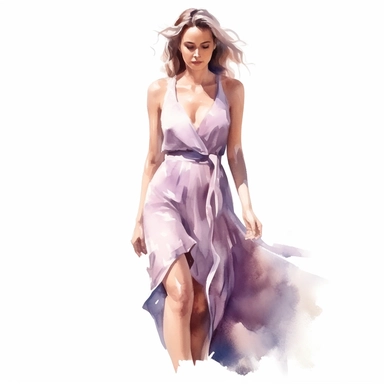 watercolor style, beautiful woman in summer dress in shades of mauve and white, realistic, clipart, isolated on white background, 4K