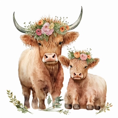 Watercolor clipart delight: highland cow and calf adorned with hats, scarves, and roses. Serene love and joy. HD quality, isolated on white. No text. Resolution: