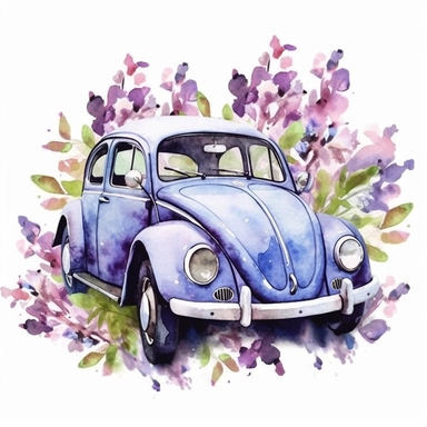clipart, watercolor vintage Volkswagen Beetle, surrounded by purple florals,