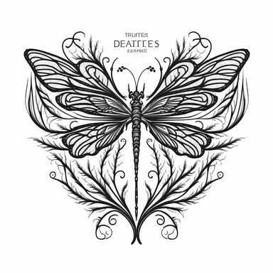 symmetrical dragonfly style fairy wings in art nouveau style, black lines, detailed, flat design, flat flowers embedded into the wings, white background, clipart style, black and white,