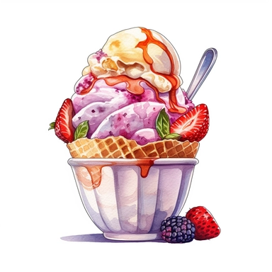 Gelato: Italian-style ice cream, often served with a variety of flavors and toppings, watercolor clipart illustration, flat blank transparent background, food photography, soft cinematic lights, juicy, bright, high quality, ultra detailed, 32k