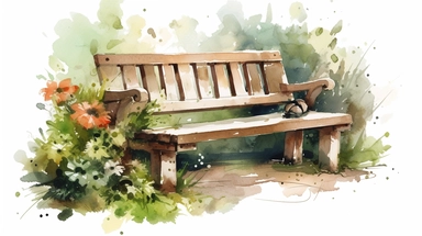 A rustic wooden garden bench clipart, white background, watercolor drawing
