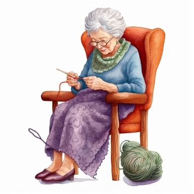 Granny knitting on the chair, Grandma, illustration, extremely detailed, illustration clipart, on white background, watercolor