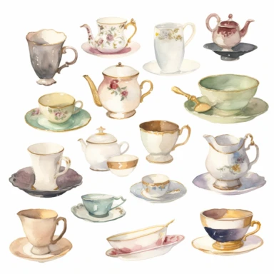 teacup collection, watercolor, retro, clipart, white background