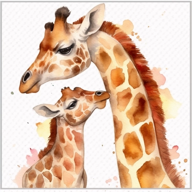 cute mom and baby girraffe kissing each other watercolor clipart