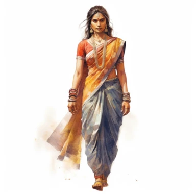 watercolor style, full body view, beautiful woman from India wearing traditional clothes, very detailed, realistic, clipart, isolated on white background, 4K
