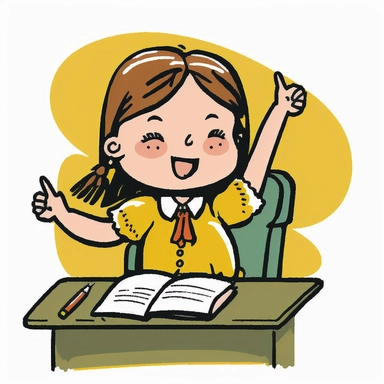 classroom, school girl in yellow sitting in a desk, talking, arms up, asking, in clipart artstyle