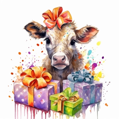 please create watercolor clipart of a baby cow, smiling, wearing party clothes with birthday presents, vibrant colors, intricate details, isolated on white background, vivid colors, hdr, 8k