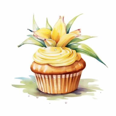 Design a clipart image of an banana cupcake in a watercolor style, with banana slices decoration and a topping. You can also add some colorful candy or chocolate chips to make it more attractive. You can add white flowers and green leaves to the design.