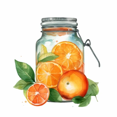 orange in a jar, watercolor clipart, minimalist, bright colors, isolated white background, 8k