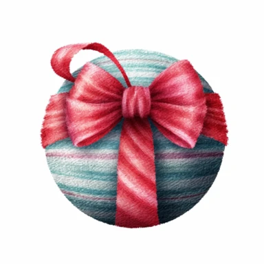 A Christmas ball and Bow, full color, knitted painting texture, Perfect for nursery art and children's book illustration style, simple, cute, full color, clipart, watercolor illustration, single object, high definition 8k, white background for removing background
