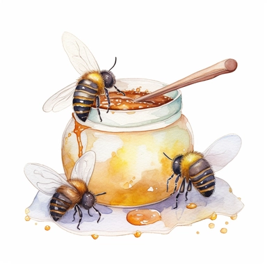 watercolor busy bees cute clipart high resolution, with honey pot and honey spoon on whitebackground