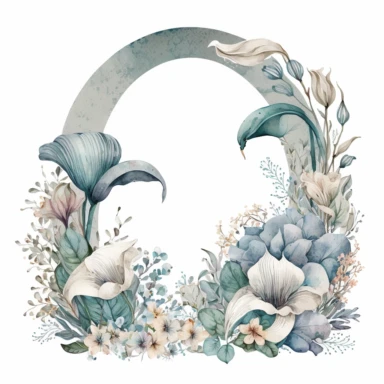rounded horseshoe arch of lillys. clipart. watercolor. dusty blue azure tones. white background