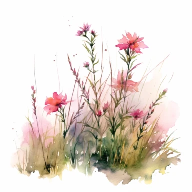 Graceful watercolor depiction of pink flowers gently swaying in a field of wild grass, viewed from a side angle, with the gentle breeze lending a sense of movement, freedom, and the untamed spirit of nature, clipart on a clean white background.