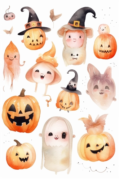 Halloween clipart, Halloween arcs with facial expressions Delicate watercolor illustration, White background, Cozy, clear picture, 8k, hd, isolatee on a white background, Clip Art
