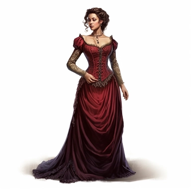 A single Victorian woman in a rich burgundy velvet dress, standing tall with her arms slightly extended, showcasing the intricate beading and delicate embroidery on her gown. Her confident gaze and regal stance embody the grace and sophistication of the era. Clipart, watercolor, white background, intricate detail, hyper realistic, unreal engine cinematic smooth