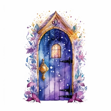 cartoon fairy door, glowing lights and sparkles, purple gold and blue, glamorous realistic and detailed, watercolor, white background with margins, clipart style