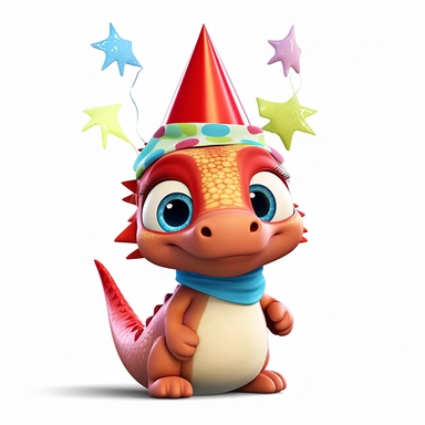 create a cute soft color and red baby dinosaur wearing a party cap, Pixar animation style, deep eyes, and clipart on white background