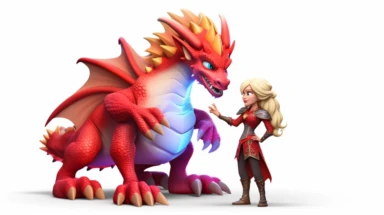 two shot of full body human blonde female viking humanoid in full gear petting her Cute Beautiful 3d baby red fire dragon quadruped Is Standing Full body Vector Sublimation Clipart, Cartoon, disney infinity style, hyper realistic, in-game model, intricate detail, illustration style, high solution, on the white background surrounded by purple crystal gems