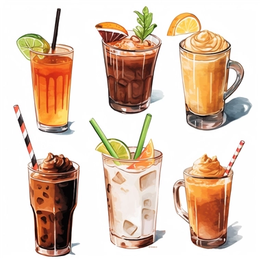 Milk, Soft Drink, Coconut Water, Coconut Milk Shake, Iced Chocolate, Hot Chocolate, Iced Cocoa, Macchiato, Squash, Caramel Latte, Caramel Macchiato, Bubble Milk Tea, Black Tea, white background, clipart, Object, vector collection, 8k, watercolor