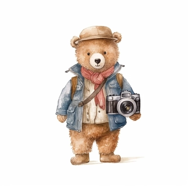 Adorable cute fantasy teddy bear dressed like photographer clipart, happy expression, standing in dynamic pose, hand inside pocket,full body,front view, in the style of watercolor cartoon clipart, kate greenaway style, high resolution, composition free space,watercolour clipart, watercolor illlustration for kids and children, isolated white background, clipart most popular on etsy, book illustration, featured on dribble, print on demand image, PNG tranparent background, composition medium shot, 