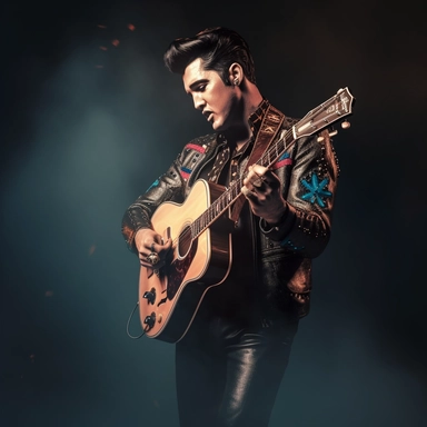 portrait view, full view, beautiful jewel colors, beautiful image of Elvis Presley with guitar and microphone, romantic, fantasy, sharp focus, high detail, 8k illustration clipart style, transparent background, (--iw 8)