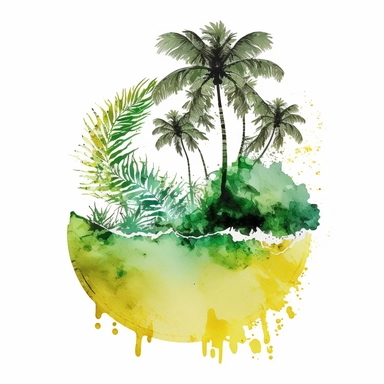 Watercolor Pastel yellov and green Hawaii Clipart - watercolor surfing tropical island on white background