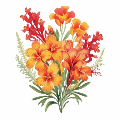 Design a dreamy watercolor clipart of a Bouquet of vibrant orange, red, and yellow flowers arranged in a wild and untamed style composition, hand-painted with soft and graceful brushstrokes. Draw inspiration from the artistic finesse of Ethereal Petals Watercolors for a refined and ethereal depiction. isolated on a white background, hand-drawn illustration, hand-painted watercolor texture, 16k UHD resolution, intricately detailed, sharp focal points, designed by Ana Victoria Calderon and Holly E