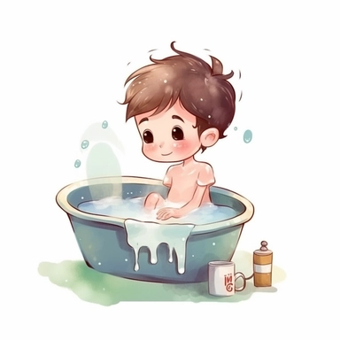 little boy, full body, In which Billy reluctantly enters the bathtub and starts to learn about hygiene. He discovers the importance of washing his hands and face, and begins to enjoy the warm water., watercolor clipart, strybk, full illustration, 4k, sharp focus, watercolor, smooth soft skin, children's style fairy talkes, chibi kawaii