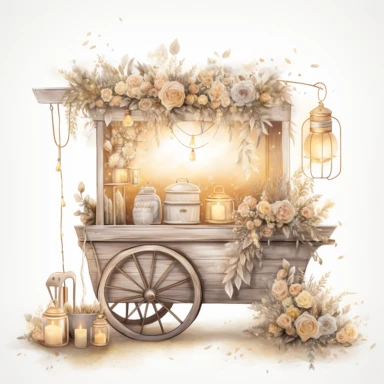 illustrations: evening scene, wedding cart, filed with wedding accessories decorated with Outdoor String Lights, in the style of mandy disher, gold and cream, light silver and bronze, claudia tremblay, soft realistic watercolours, resin, wiesław wałkuski, clipart