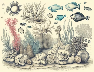 Vintage ocean coastal elements pencil sketch, ephemera paper with ornate page border illustrations, greeting card design, old botanical books style drawing, vintage, distressed textures, muted colors, craft paper texture, handwriting lines in background, pen and ink on paper with watercolor washes Watercolor, vector, white background, rice paper texture, clipart, flat illustration, outlined , Vector, 4K, Art station, digital print, highly detailed clean, detailed illustration, 3D vector art, cut