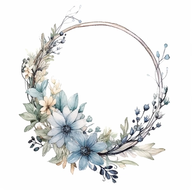 watercolor clipart of a empty suttle dainty floral oval frame surrounded by dusty blue color flowers. Capture the essence of blooming beauty and intricate details in your artwork, white background