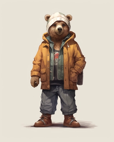 brown bear in a white tracksuit ,wearing a hat,full body shot,with jean jacket,brown pans,boots,scarf,contrasting colors,style of Anna Süßbauer and Jon Klassen,vector, realistic hyper-detail, in the style of victorian-inspired illustrations,realistic shading, pictorial fabrics, contest winner, organic designs, on a plain white background, clipart, masterpiece, trending on Artstation and Dribbble.