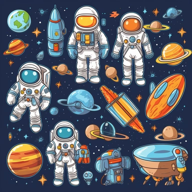 Design a clipart set that depicts space objects such as planets, stars, comets, and astronaut suits. Add additional space equipment into different images, such as hi-tech telescopes or the International Space Station (ISS).
