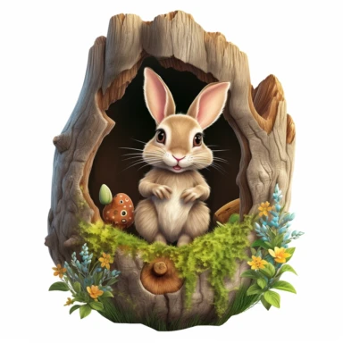 adorable bunny with bright eyes and a curious expression. peeking out from a cozy hollow in a tree trunk, surrounded by moss, mushrooms, butterflies Fairytale Cartoon Art Style, Full Body Image and Appearance, 3D-Designed Character, in style of clipart with no background
