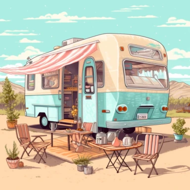 travel motorhome, outdoor lunch, pastel color, clipart