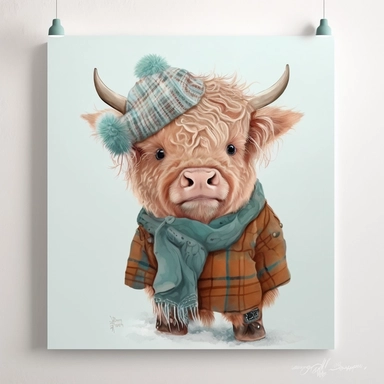 watercolor by kathrin longhurst clipart, baby highland cow wearing winter clothes, brown and aquamarine, white background