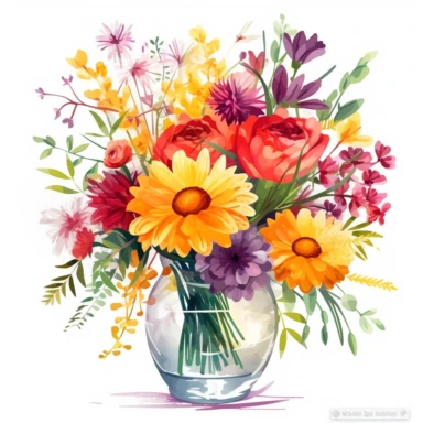Transparent Vase of summer Flowers Clipart, High Quality, Digital print , vibrant colors, cheerful , vector art