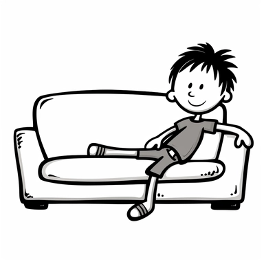 cute happy stick figure clipart about a boy stick figure, cute smiling happy, relaxing and lying on sofa, only black lines, isolated, low details, oneline art, white background,