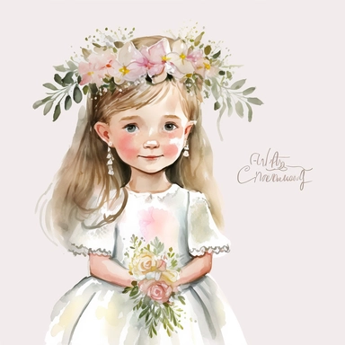 First Communion Clipart watercolor for girl, fully body, for her First Communion, tiara on her head, flowers in her hand, smiling, blushing, White PNG background