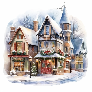 Christmas village, Clip art, magical, enchanting, wreaths, snow-covered streets, Watercolor, colorful buildings, sparkling, charming, detailed, glittery, shiny, twinkling lights, festive, ornate, traditional, whimsical, Michael Powell Style, Unreal Engine 5,8K, white background