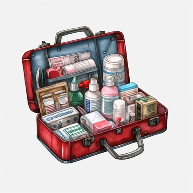 watercolor, First aid kit - Clip art of a first aid kit or medical supplies. png Full body realistic cartoon in 32K UHD cute. 15 cm thick outline. Black color. There was no shadow on the ground. 8k with realistic watercolors and detailed illustrations. PNG clipart, transparent white background