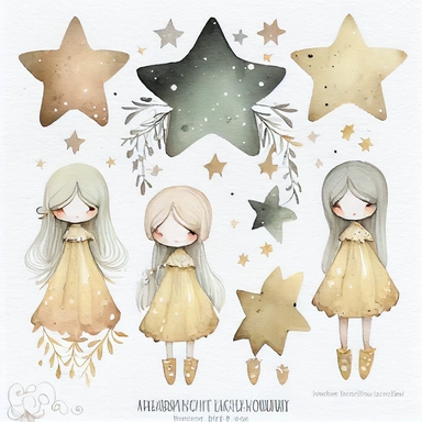 A watercolor painting of star collection, christmas, cute detailed digital art, inspired by nicoletta ceccoli, by Kubisi art, whimsical and cute, by nicoletta ceccoli, cute detailed artwork, glimmering, adorable and whimsical, whimsical art, Clipart style, png style, svg style, blank white background, a solid white background