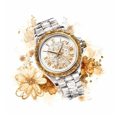 clipart, a diamond rolex watch on top of flowers, solid white background, in the style of ethereal illustrations, mende art, kimoicore, romantic emotivity, nouveau réalisme, rich and immersive, soft color, wedding theme, expensive, double tone effect, gold and sterling, wedding theme