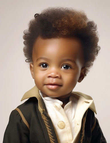 Hasselblad 24 mm three quarters shot of a gorgeous african american baby boy very well dressed with Blue Eyes, clipart, Composition: Relaxed position with intricate high hairstyle, smiling, Style: Pirate, white background, hyperrealism, 32k